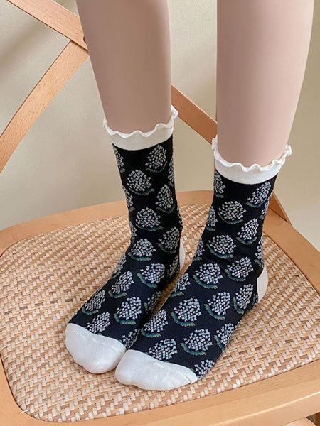 5 Pairs Women Artsy Foral Embroidery Colorblock Cotton Socks AV1043 Genistyle Shop