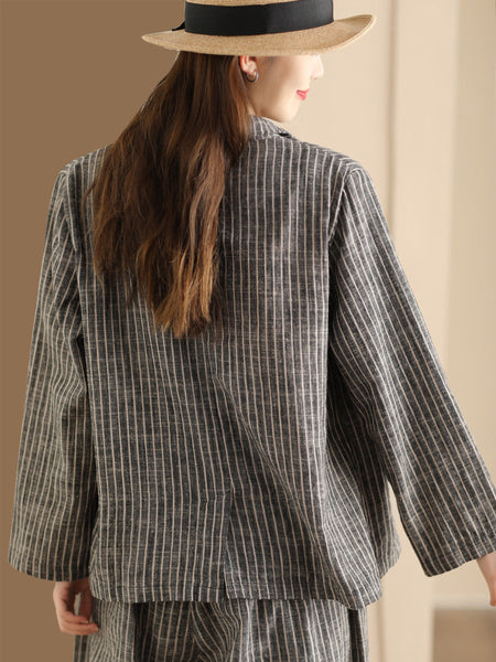 Plus Size Women Vintage Stripe Spring Linen Shirt+Pants II1057 BK