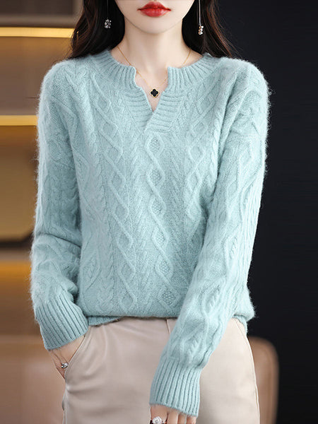 Women Autumn V-Neck Wool Twist Knit Sweater AX1030 Genistyle Shop