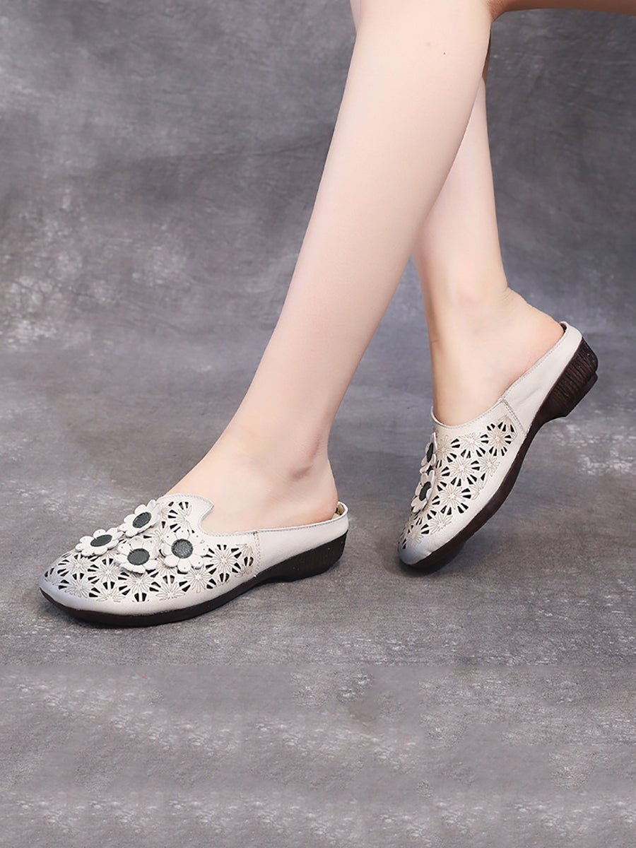 Women Summer Leather Flower Spliced Cutout Slippers OO1019 TJPX