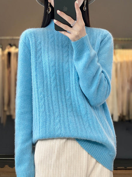 Women Autumn Solid Cable Knit 100%Wool Half Turtleneck Sweater QN027 BK