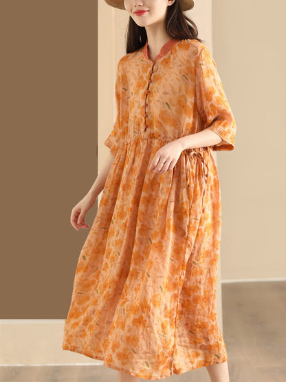 Women Summer Flower Stand Collar Ramie Dress OO1046 LPP