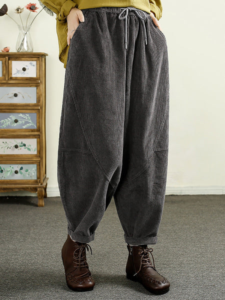 Women Autumn Solid Corduroy Spliced Cotton Harem Pants AI1047 BK