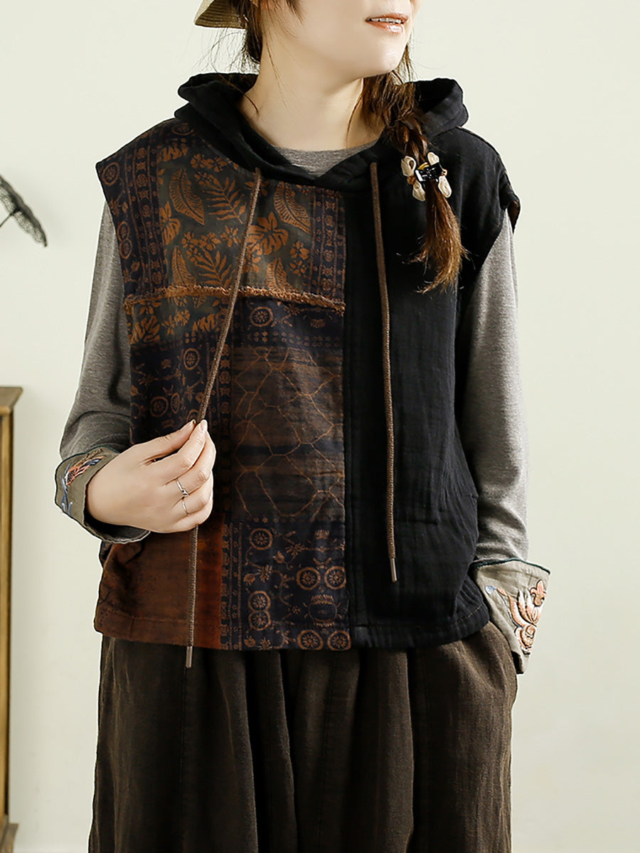 Women Autumn Vintage Flower Spliced Hooded Cotton Vest AI1037 BUYKUD