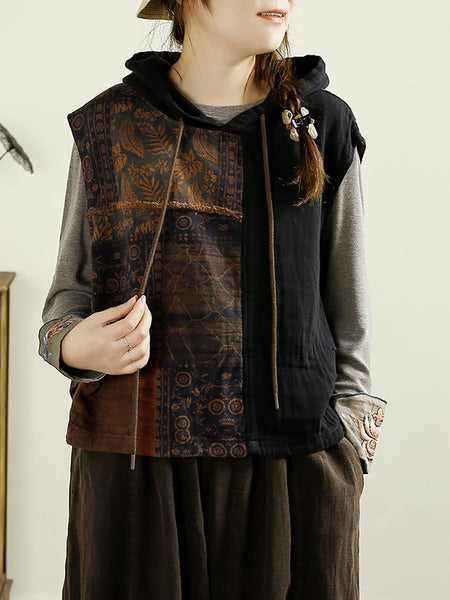 Women Autumn Vintage Flower Spliced Hooded Cotton Vest AI1037 BUYKUD