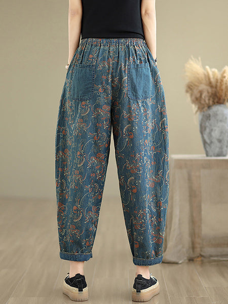 Denim Patchwork Pants Harem Women Retro Flower FashionChic