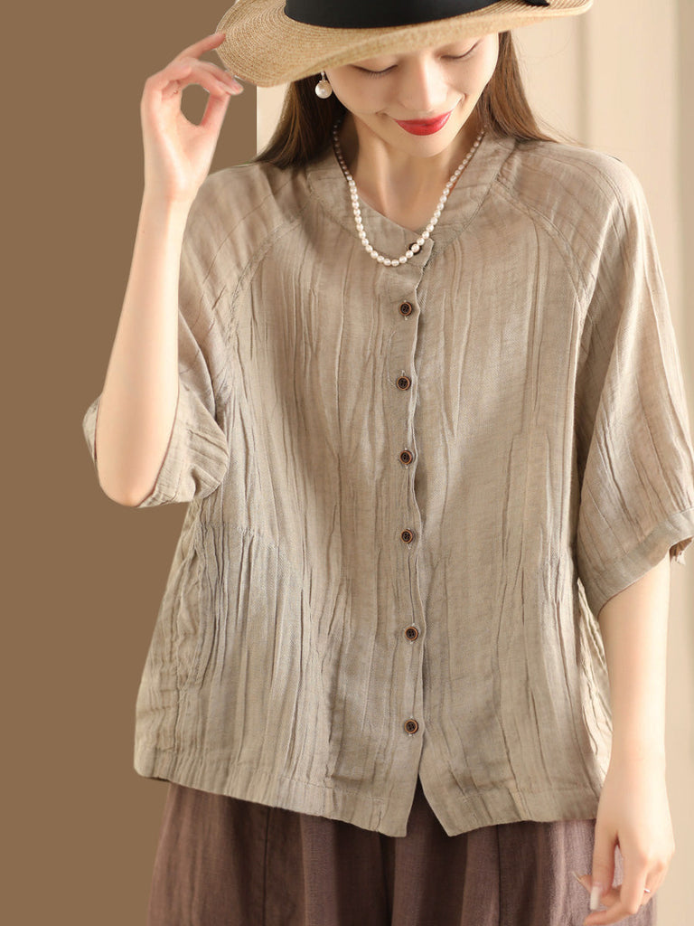 Women Summer Retro Solid Linen Button-up Shirt XX1012 Ada Fashion