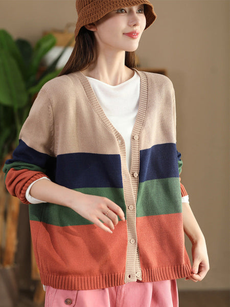 Women Autumn Colorblock V-Neck Knit Sweater AS1012 BUYKUD