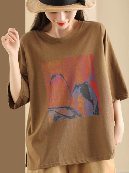 Women Summer Casual Print O-Neck Loose Shirt HH042 LPP