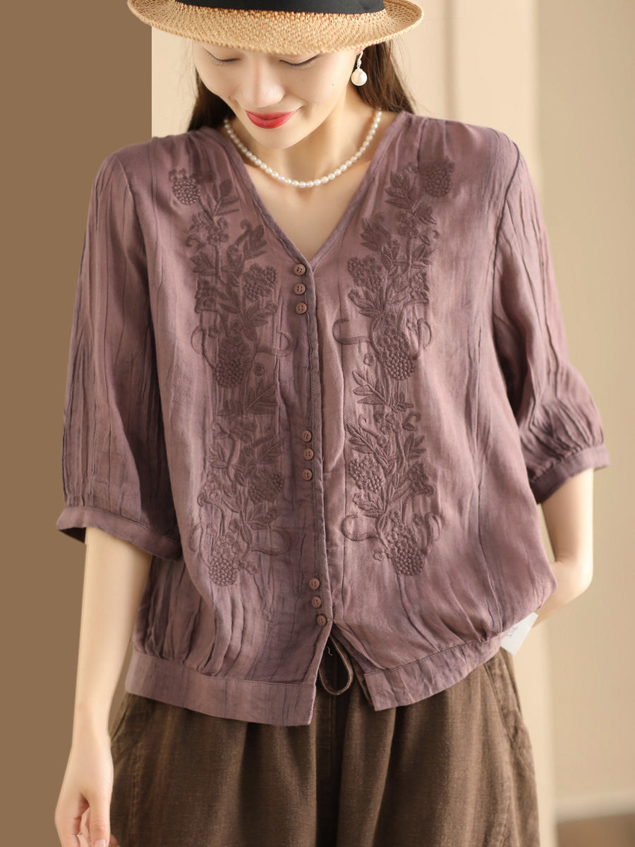 Women Vintage Summer Embroidery V-Neck Ramie Shirt PA1003 Ada Fashion