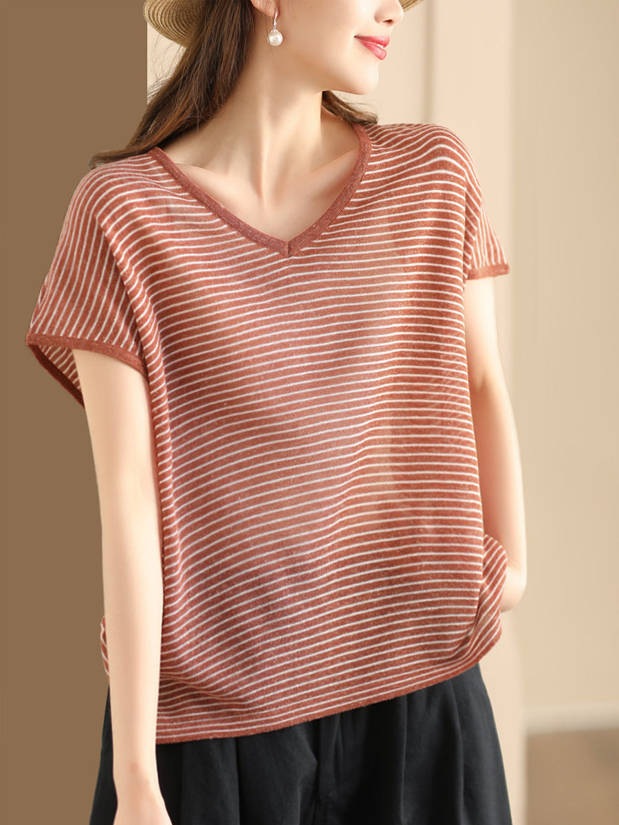 Women Summer Casual Stripe V-Neck Shirt AA1013 Ada Fashion