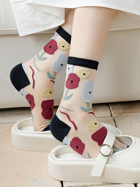5 Pairs Women Artsy Summer Flower Jacquard Thin Socks CX040 BUYKUD