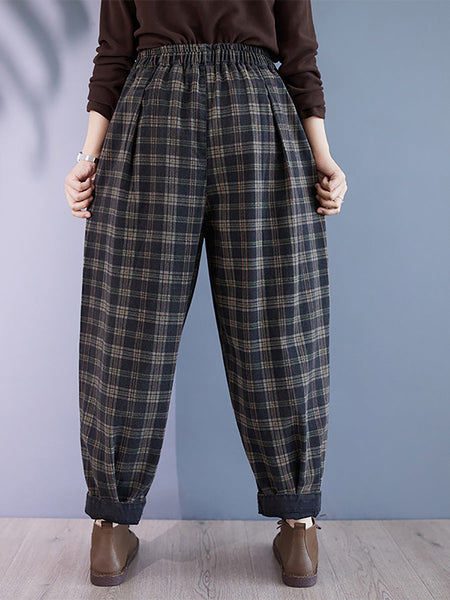 Women Autumn Retro Plaid Thick Cotton Harem Pants BA1036 Genistyle Shop