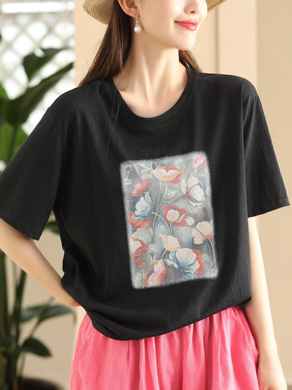 Women Summer Casual Flower Spliced Cotton Shirt CC031 JPFS