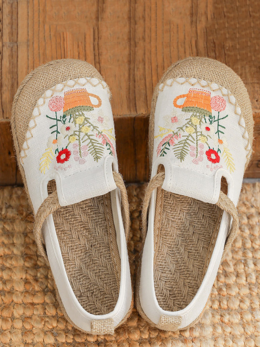 Women Summer Artsy Flower Embroidery Linen Cotton Shoes AT1080 TACH