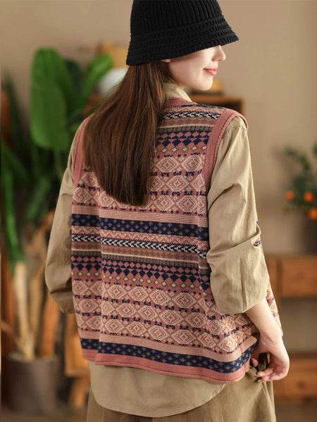 Women Ethnic Stripe V-Neck Cotton Vest WG027 BUYKUD