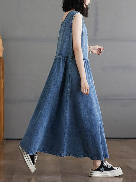 Women Casual Summer Denim A-Shape Loose Vest Dress FD054 BUYKUD