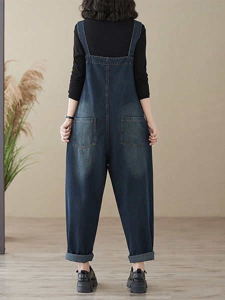 Women Autumn Retro Patchwork Denim Pocket Jumpsuits AI1048 BUYKUD