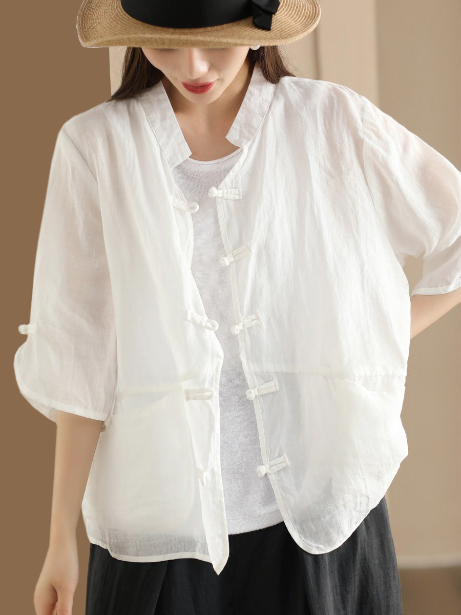 Women Summer Ethnic Solid Button-up Ramie Shirt QW1046 Ada Fashion