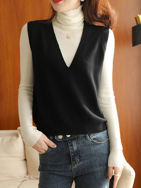 Women Casual Wool Solid V-Neck Knit Vest AK1045 Genistyle Shop