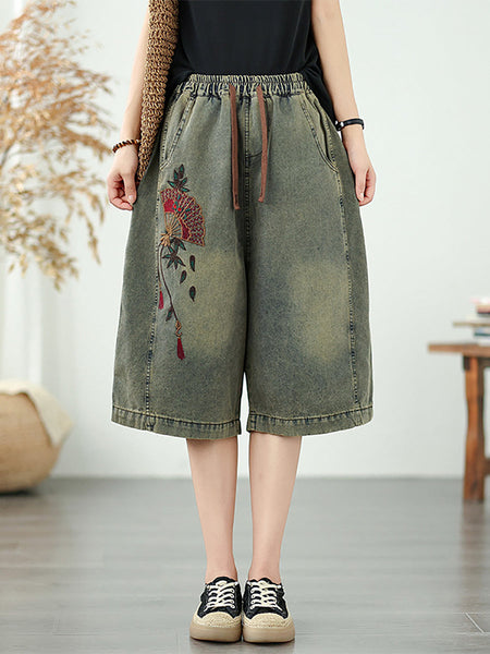 Straight Embroidery Women Denim Fifth Pants Flower Retro FashionChic