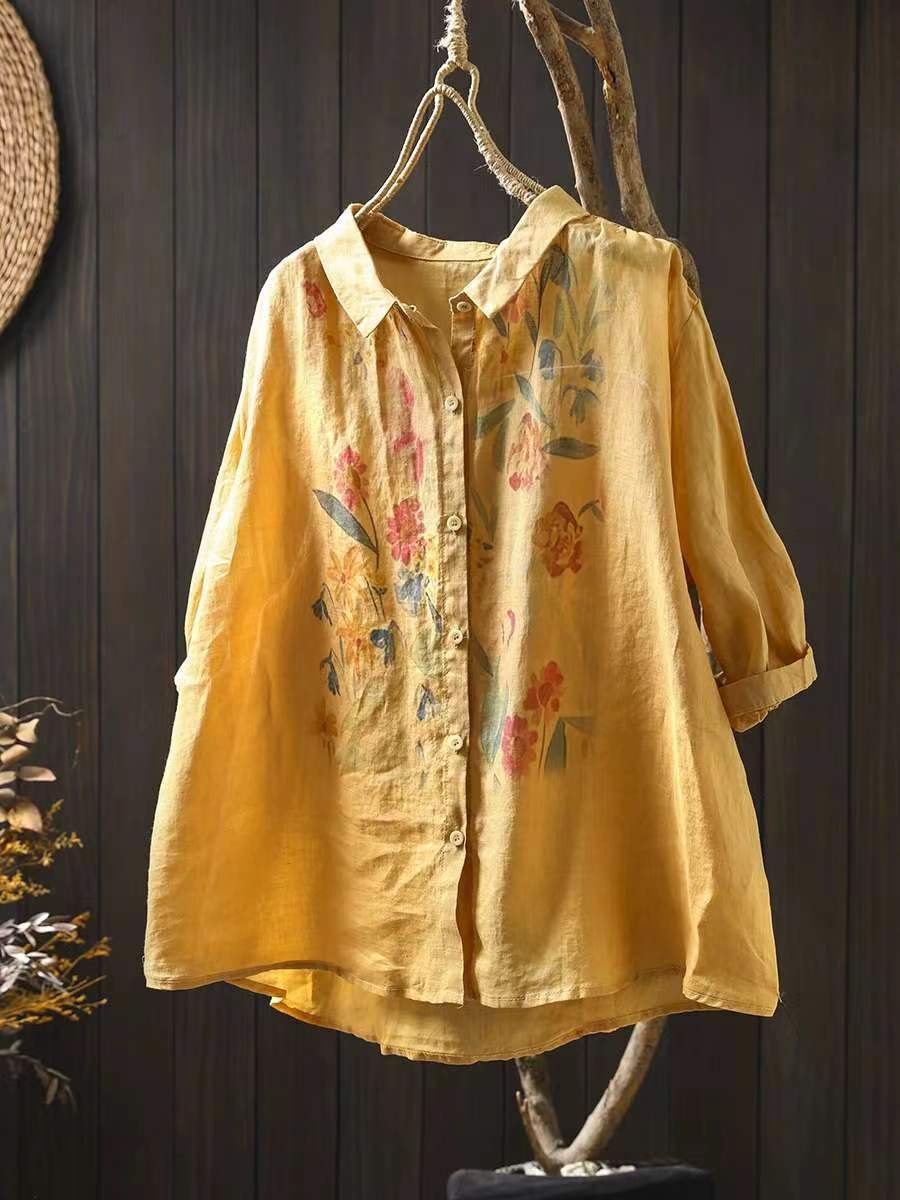 Women Artsy Summer Flower Print Ramie Blouse PA1033 Ada Fashion