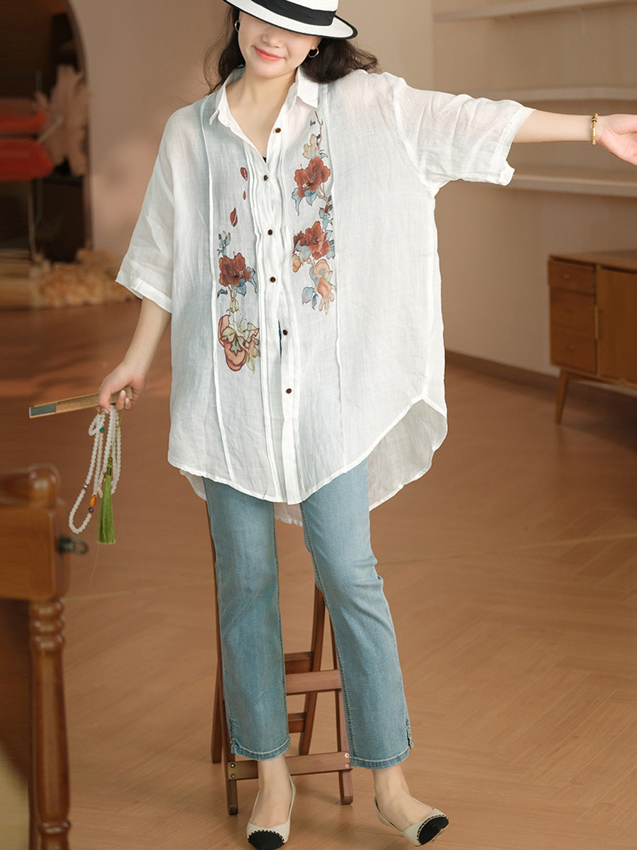 Women Summer Artsy Flower Shirred Button-up Ramie Shirt LL041 BUYKUD