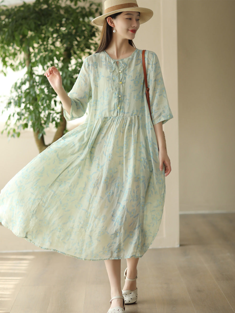 Women Summer Artsy Floral O-Neck Ramie Dress FD015 BUYKUD