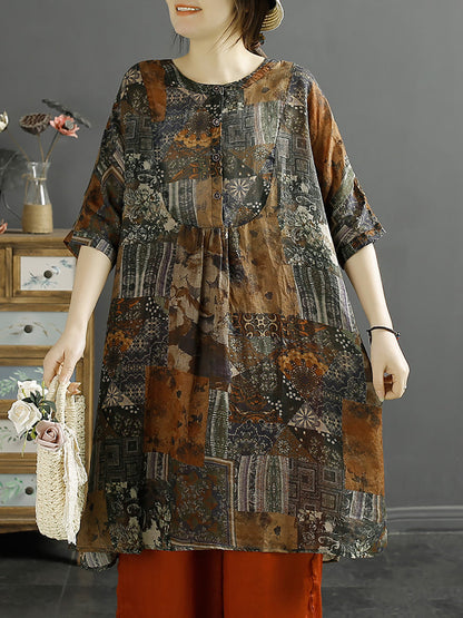 Women Summer Floral Vintage Ramie Long Shirt KL1052 Ada Fashion