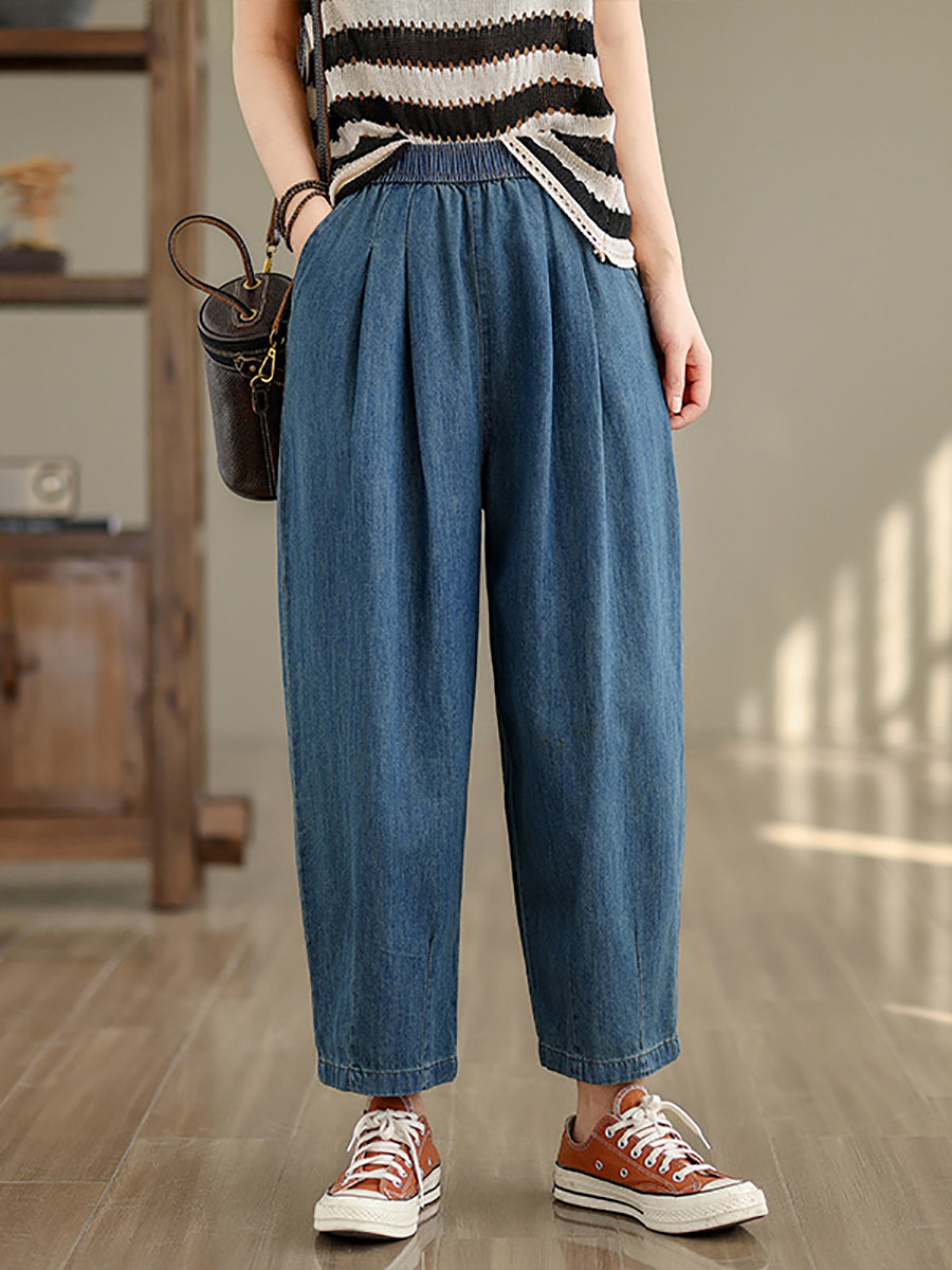 Women Summer Vintage Solid Denim Loose Harem Pants OP1007 BUYKUD