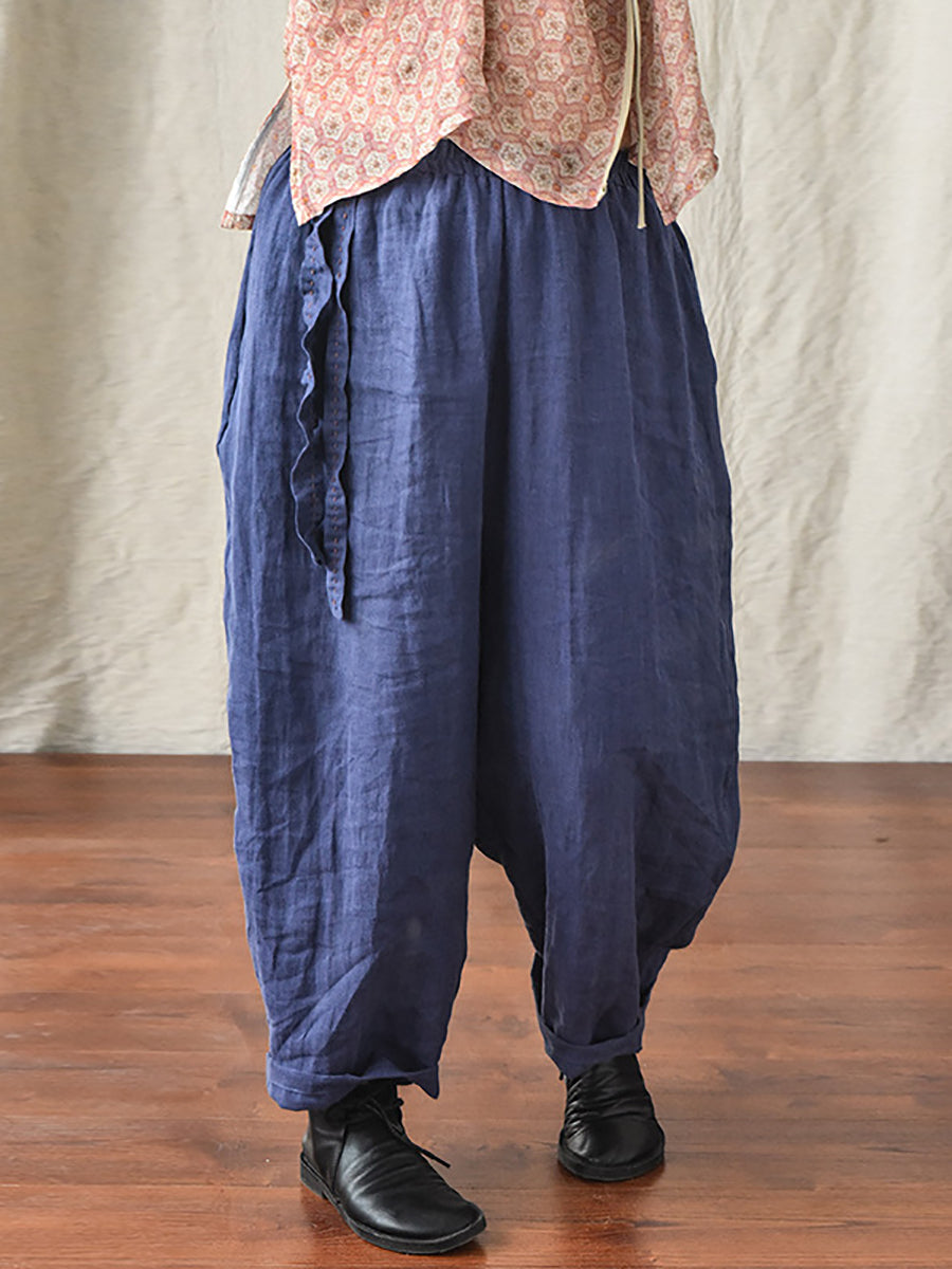 Women Casual Solid Drawstring Loose Linen Turnip Pants CX045 QYMM