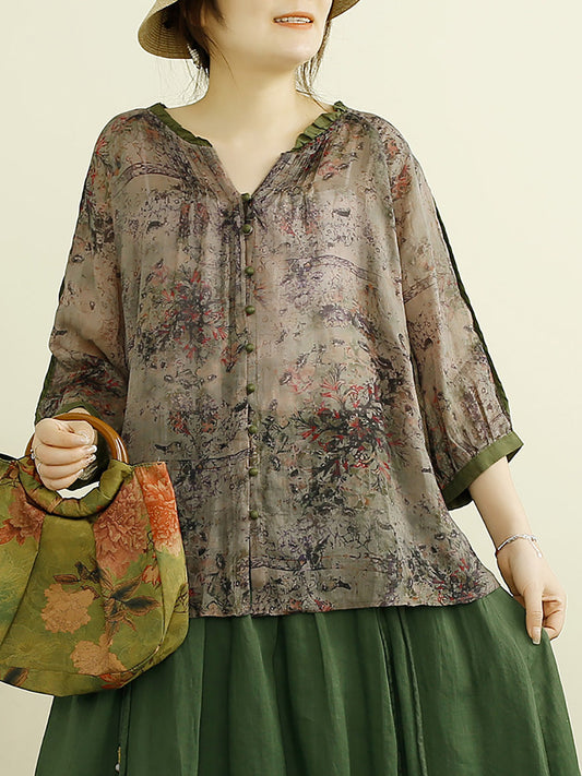 Women Summer Vintage Floral Button-up Ramie Shirt PP1012 LSFZ