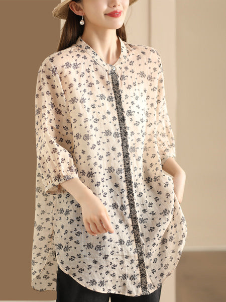Women Summer Artsy Floral Spliced Ramie Long Shirt BN1007 Ada Fashion