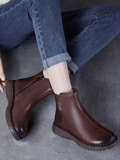 Women Retro Genuine Leather Zippper Mid-Heel Boots AH1078 YYDS