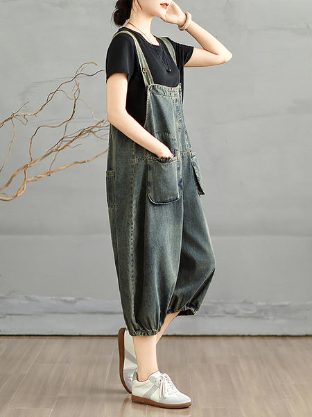 Jumpsuits Women Cropped Denim Pure Color Worn Summer FashionChic