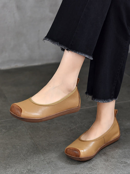 Women Summer Vintage Soft Leather Colorblock Flat Shoes RR1021 TZTJ