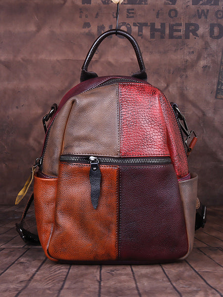 Women Colorblock Hand Painted Outdoor Leather Backpack AH1072 HDW