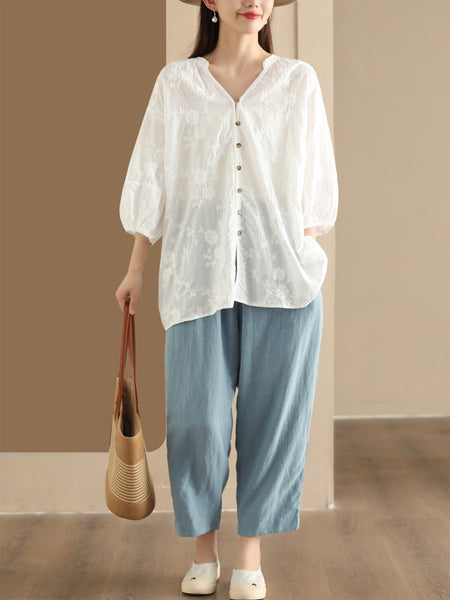 Women Summer Artsy Flower Jacquard Thin Button Cotton Shirt CX037 JLFZ