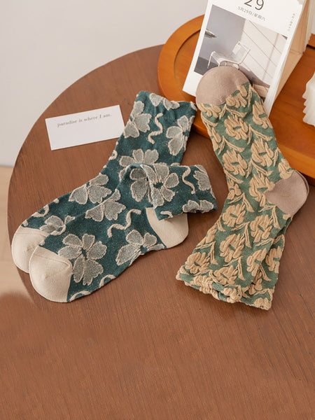 5 Pairs Women Artsy Flower Jacquard Cotton Socks AT1035 BUYKUD