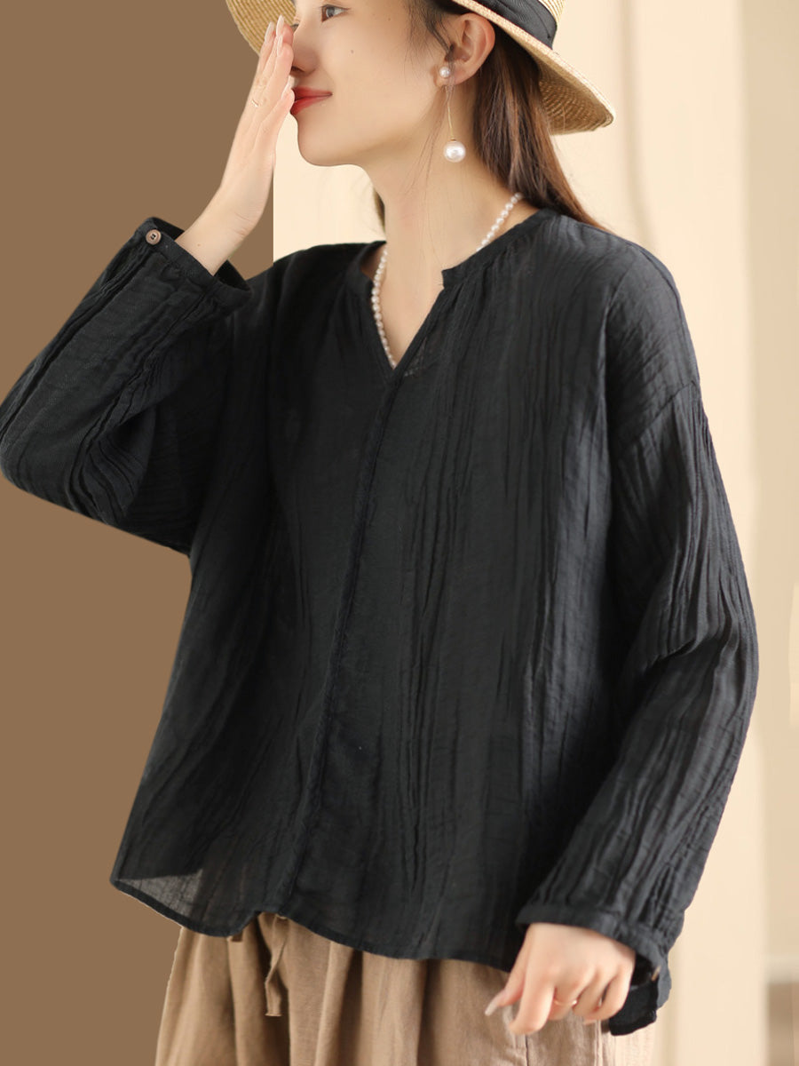 Women Spring Solid Vintage Ramie V-neck Blouse CO1013 Ada Fashion