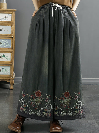 Women Summer Ethnic Embroidery Denim Wide-leg Pants SC1045 Ada Fashion