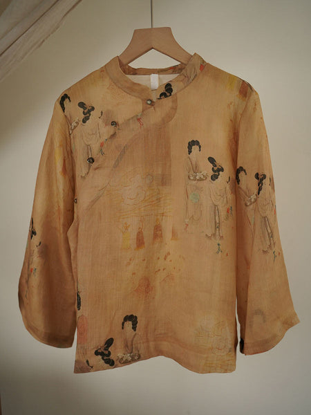 Women Ethnic Print Ramie Stand Collar Loose Shirt FG1043 Ada Fashion