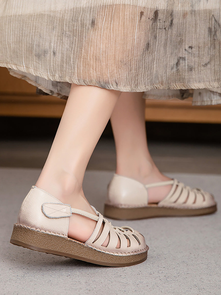 Leather Sandals Heel Low Women Weave Summer FashionChic