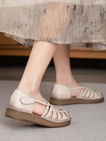 Leather Sandals Heel Low Women Weave Summer FashionChic