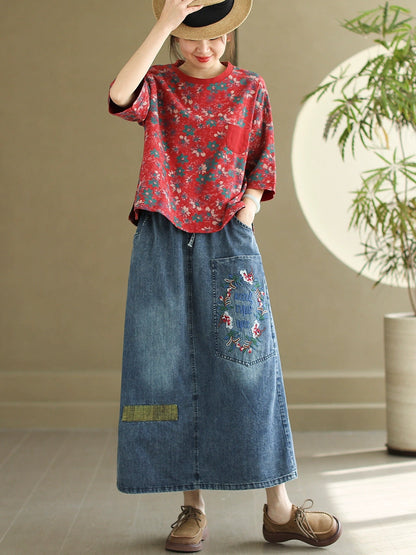 Women Artsy Flower Embroidery Denim Skirt PA1009 Ada Fashion