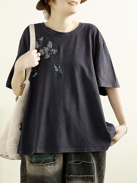 Women Summer Artsy Flower Embridery Cotton Shirt RR1012 BUYKUD