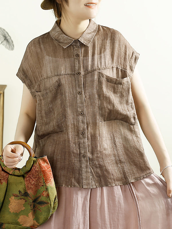 Women Summer Vintage Solid Button-up 100%Ramie Shirt CV1010 Ada Fashion
