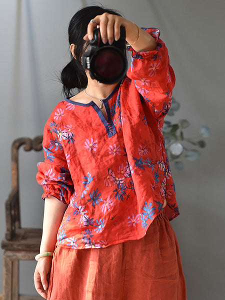 Women Ethnic Spring Flower Print V-Neck Shirt LL060 QYMM