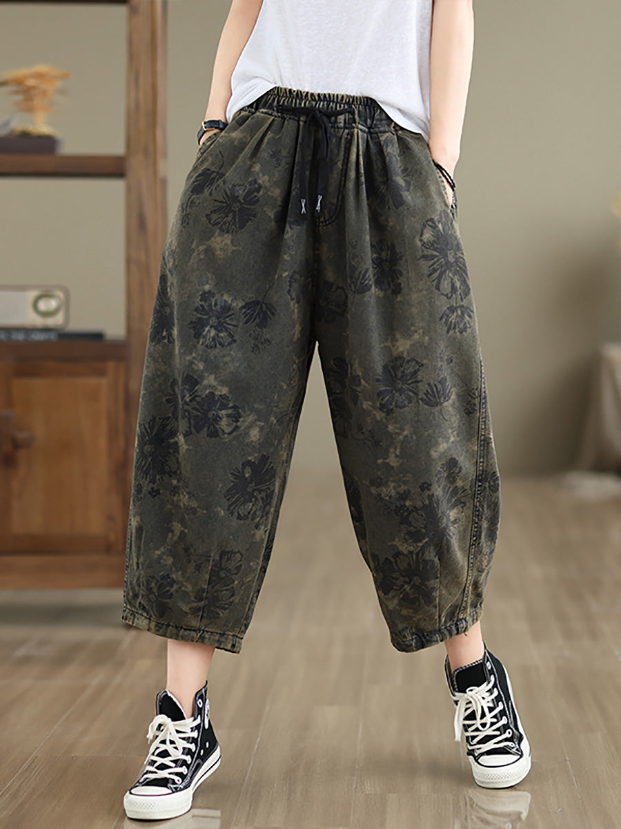 Women Summer Vintage Flower Denim Harem Pants LL034 BUYKUD