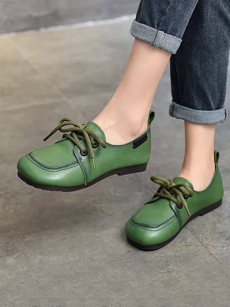 Women Summer Retro Solid Leather Square Toe Flat Shoes CX041 TZTJ